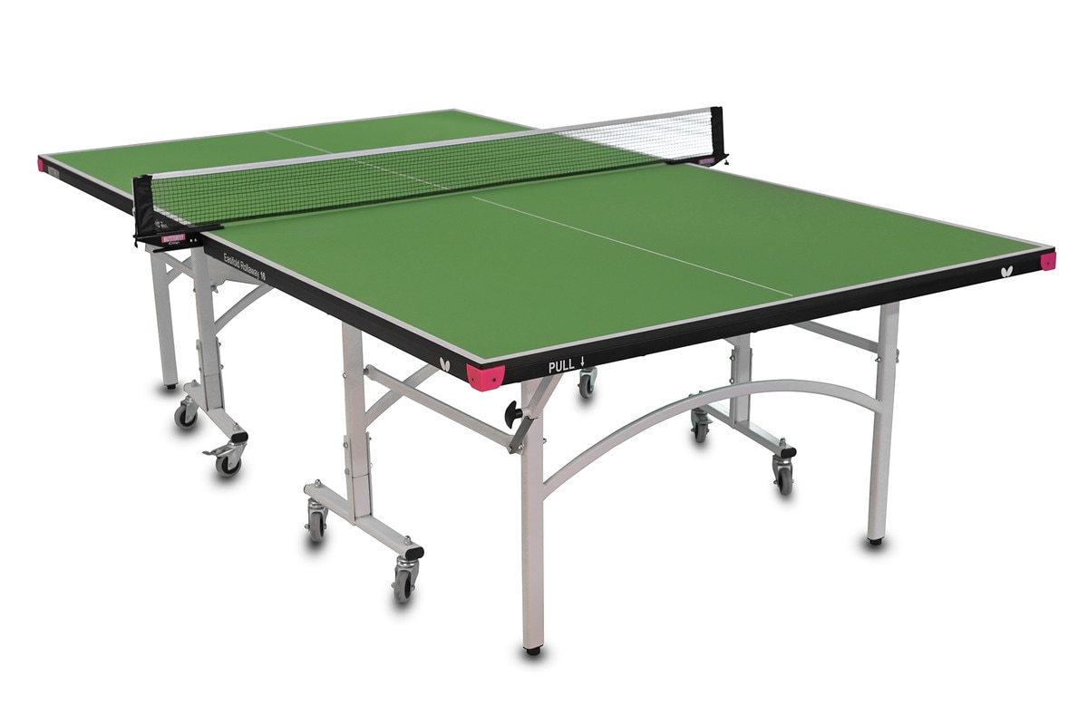 Butterfly Easifold 16 Ping Pong Table, that Featuring a Green 16mm Thick Top with a Sturdy Frame and Compact Folding Storage Design with 4 wheels on each half.
